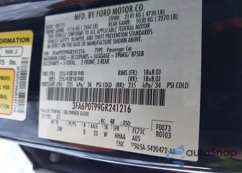 2016 Ford Fusion Se from USA, damaged, VIN 3FA6P0T99GR241216
